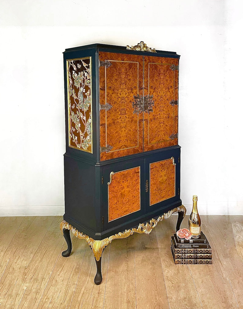Peacock Queen Anne Drinks Cabinet in Navy Blue and Gold