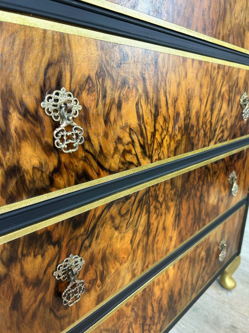 Chest of 5 drawers painted in black and gold now sold available to commission