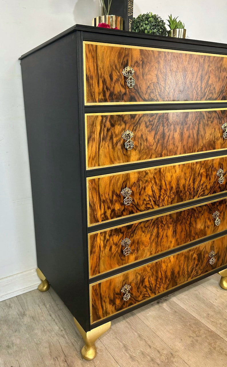 Chest of 5 drawers painted in black and gold now sold available to commission