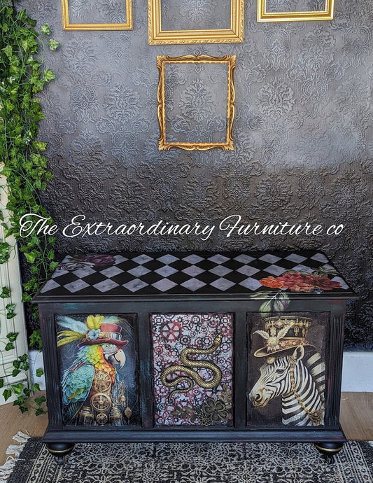 Maximalist embellished vintage chests, blanket boxes, painted to order from quality vintage items. Bespoke service, Pls msg