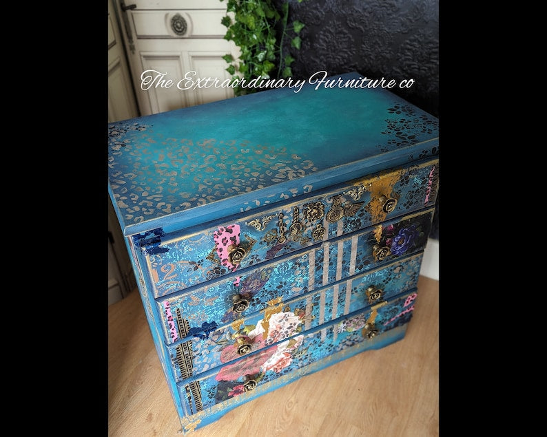 Bohemian maximalist style chests of drawers. Medium size. Eclectic style. Created to order using quality vintage furniture.