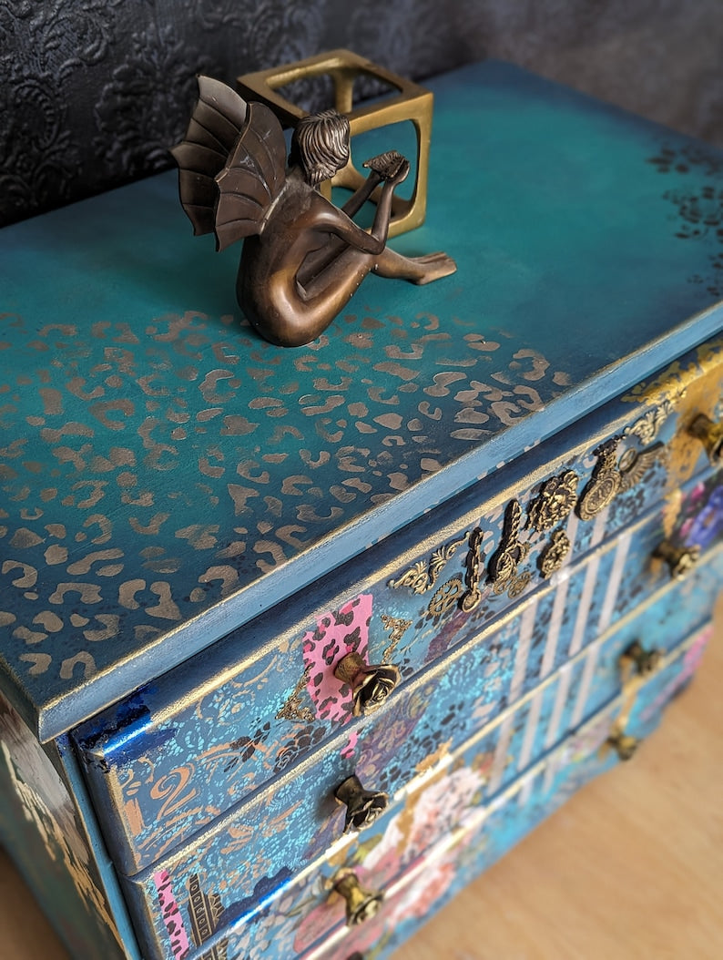 Bohemian maximalist style chests of drawers. Medium size. Eclectic style. Created to order using quality vintage furniture.