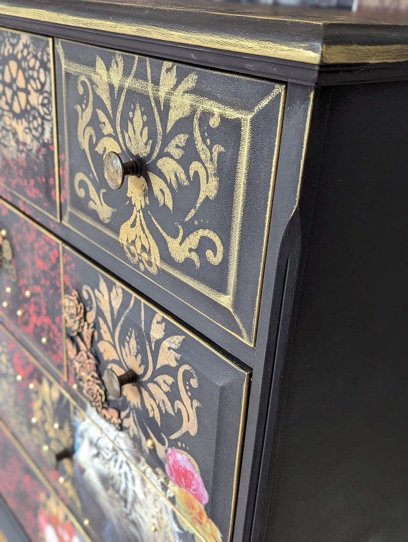 Maximalist bohemian furniture. Large chests of drawers, fantasy art, created to order from quality vintage furniture. Custom service