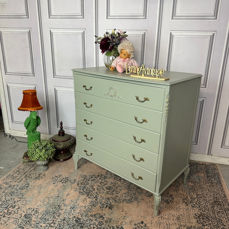 French Vintage Style Chest of Drawers Louis Style Drawers Sage Green