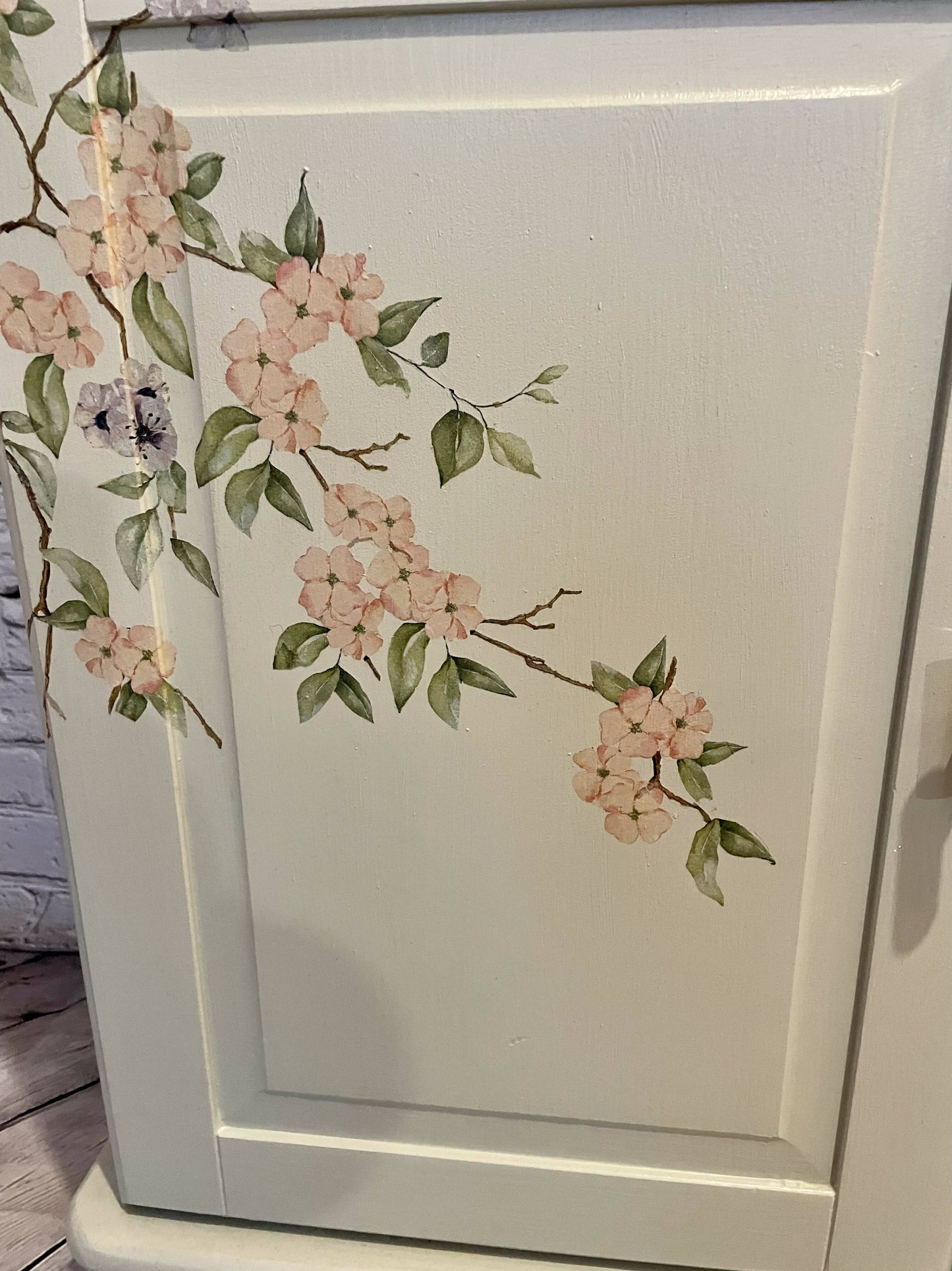 SOLD Hand painted grey/green sideboard with beautiful cherry blossom decoupaged flowers