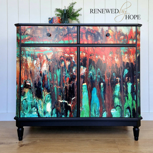 SOLD - Black Strongbow Sideboard with Colourful Abstract decoupaged design