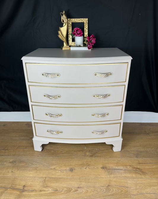 Stunning Georgian Bow Fronted Chest of Drawers Off White Colour and Gold