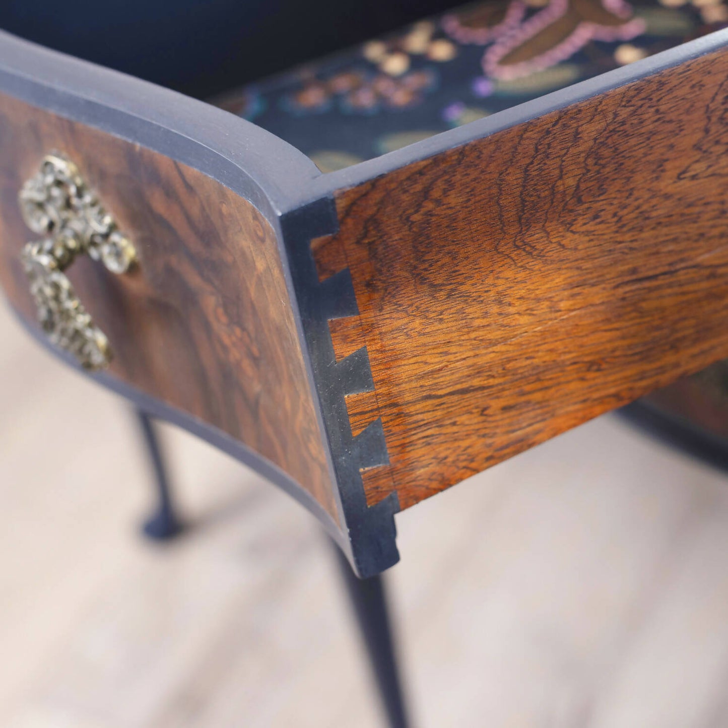 One of a kind blue vintage Queen Anne stye dressing table decoupaged in a stunning Verbena Kew Gardens fabric. Sold, commission available.