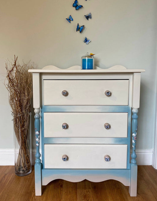 Painted solid pine cream and blue chest of drawers with 3 drawers under /children’s bedroom furniture