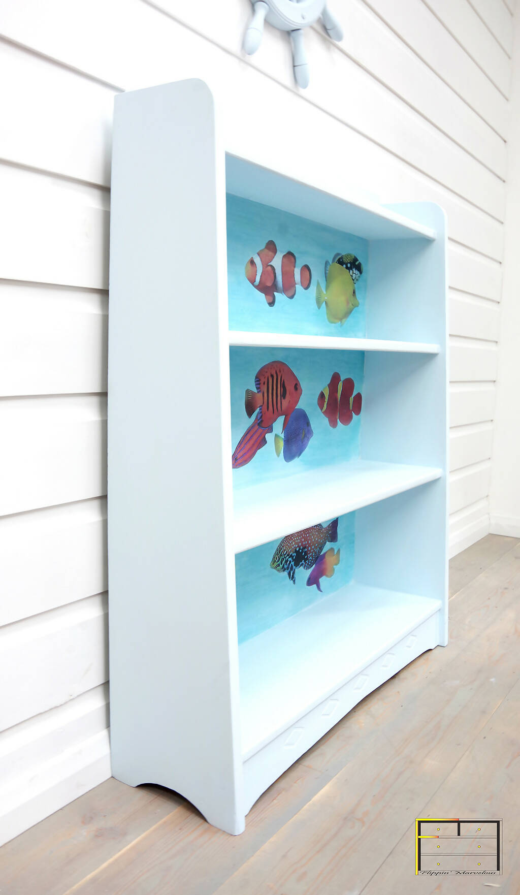 Vintage Pine Waterfall Bookcase, Tropical Fish Bathroom Cabinet, Hand Painted Baby Blue Storage Shelves, Image Transfer Clown Fish Shoe Rack