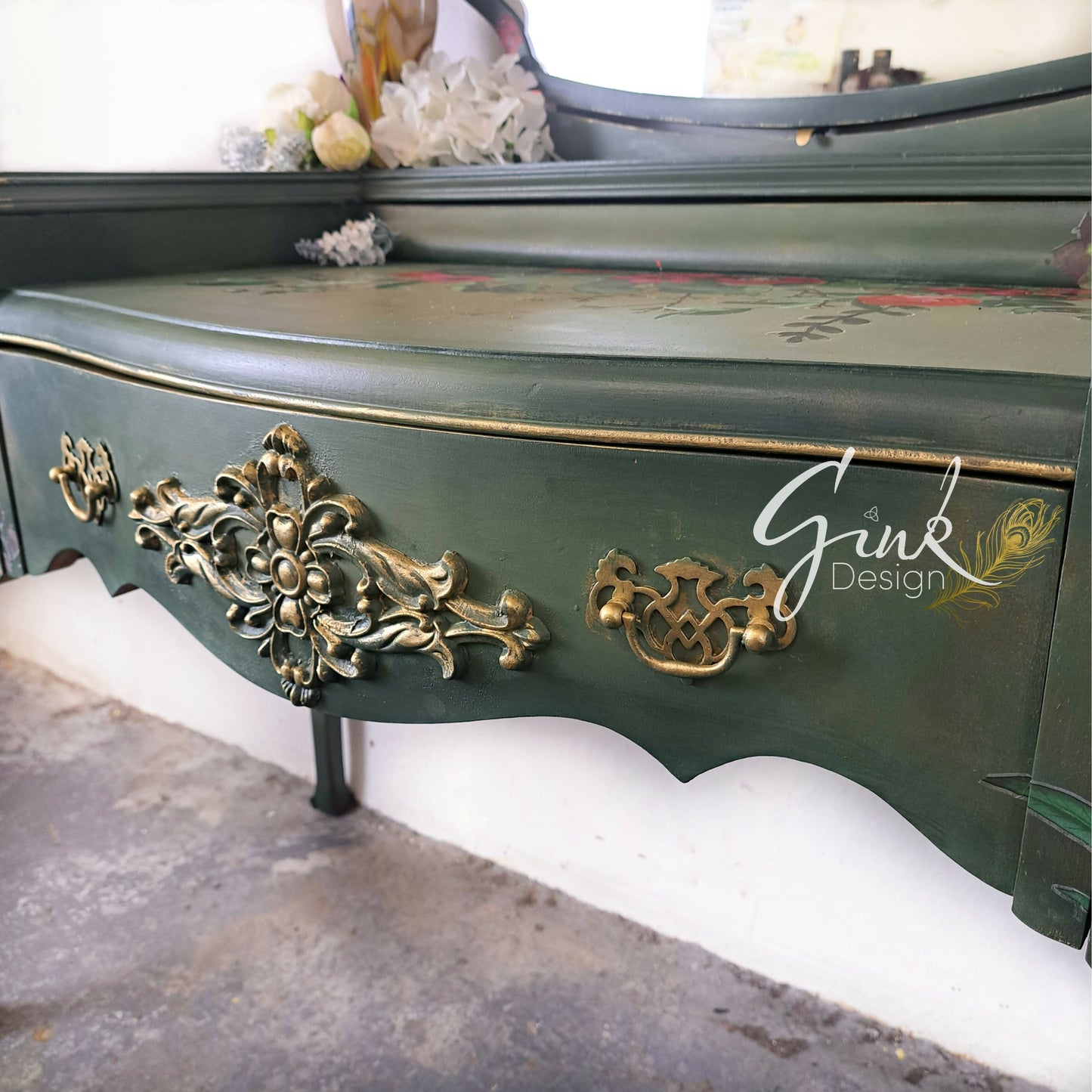 Vintage Green Floral Dressing Table With Mirror