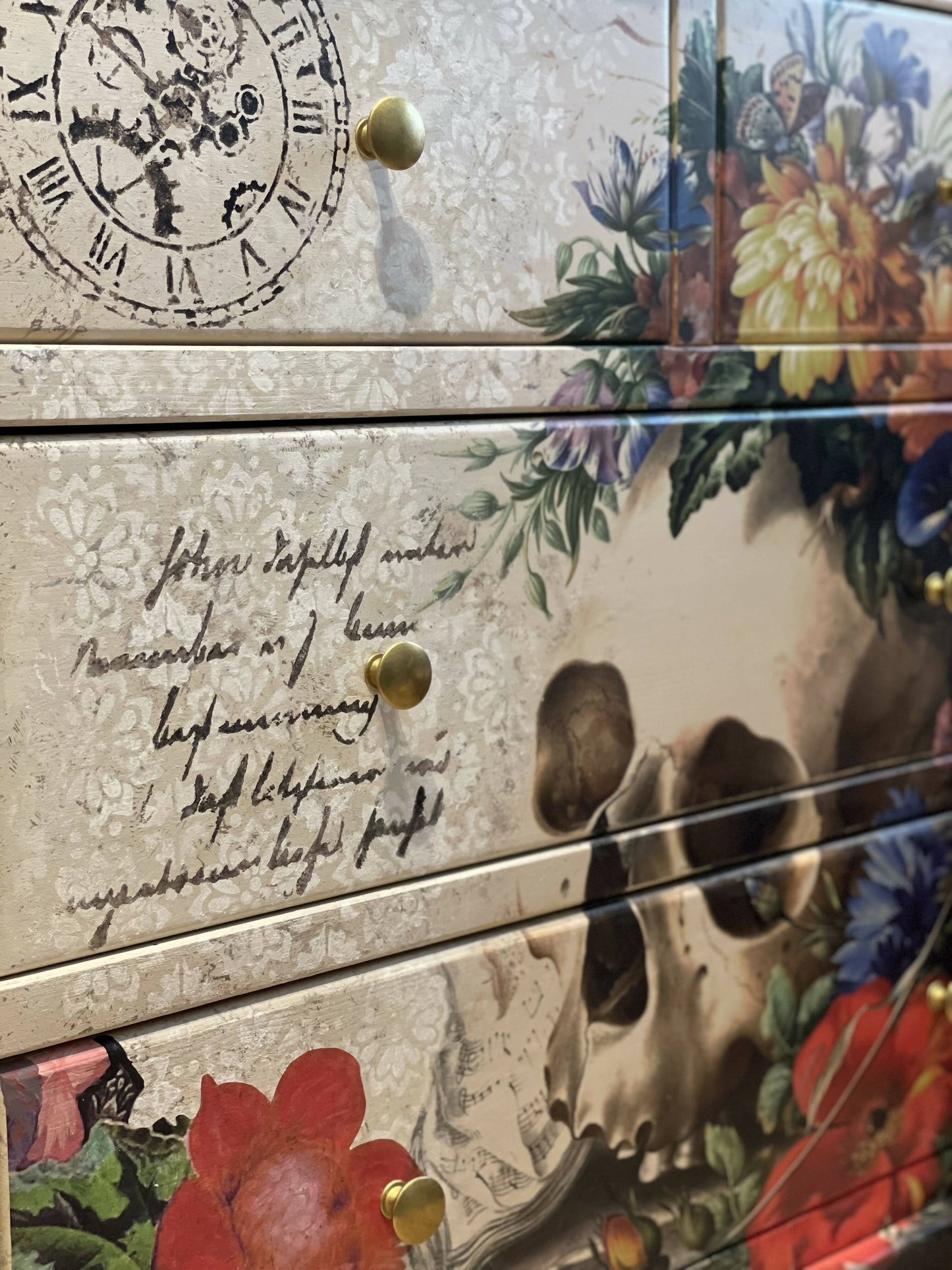 “Sold” Stunning Skull & Flowers Chest of Drawers