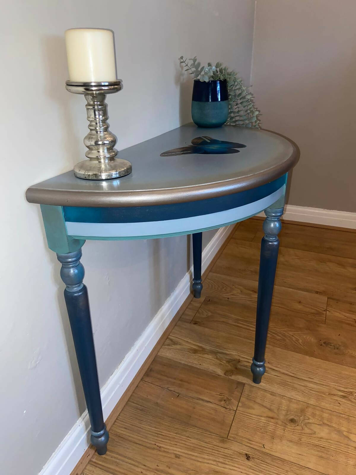 Upcycled half moon console table