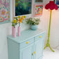 Vintage Pine Retro Sideboard, Teal Kitchen Cupboard Tropical Interior, 1970s Pastel Dopamine Decor Storage Unit, Yellow Cup Handles