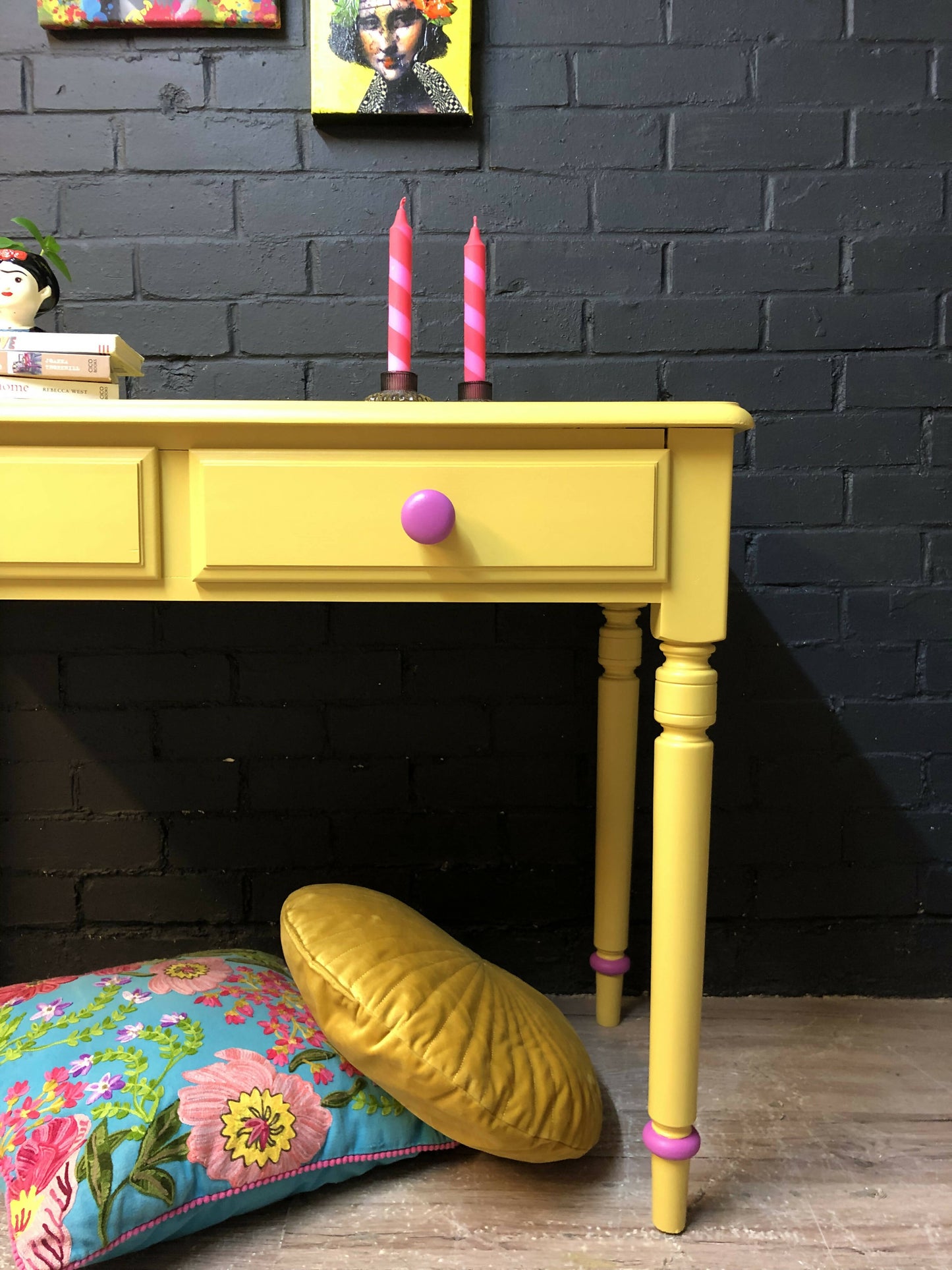 MADE TO ORDER: Yellow and pink console/hallway table/desk, with floral paper drawer lining