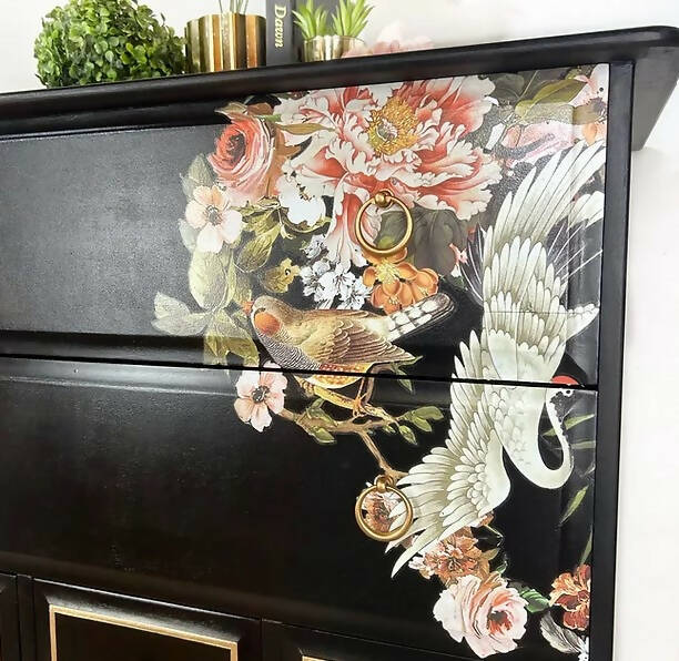 Stag Tallboy Chest of Drawers in Black and Gold Chinoiserie