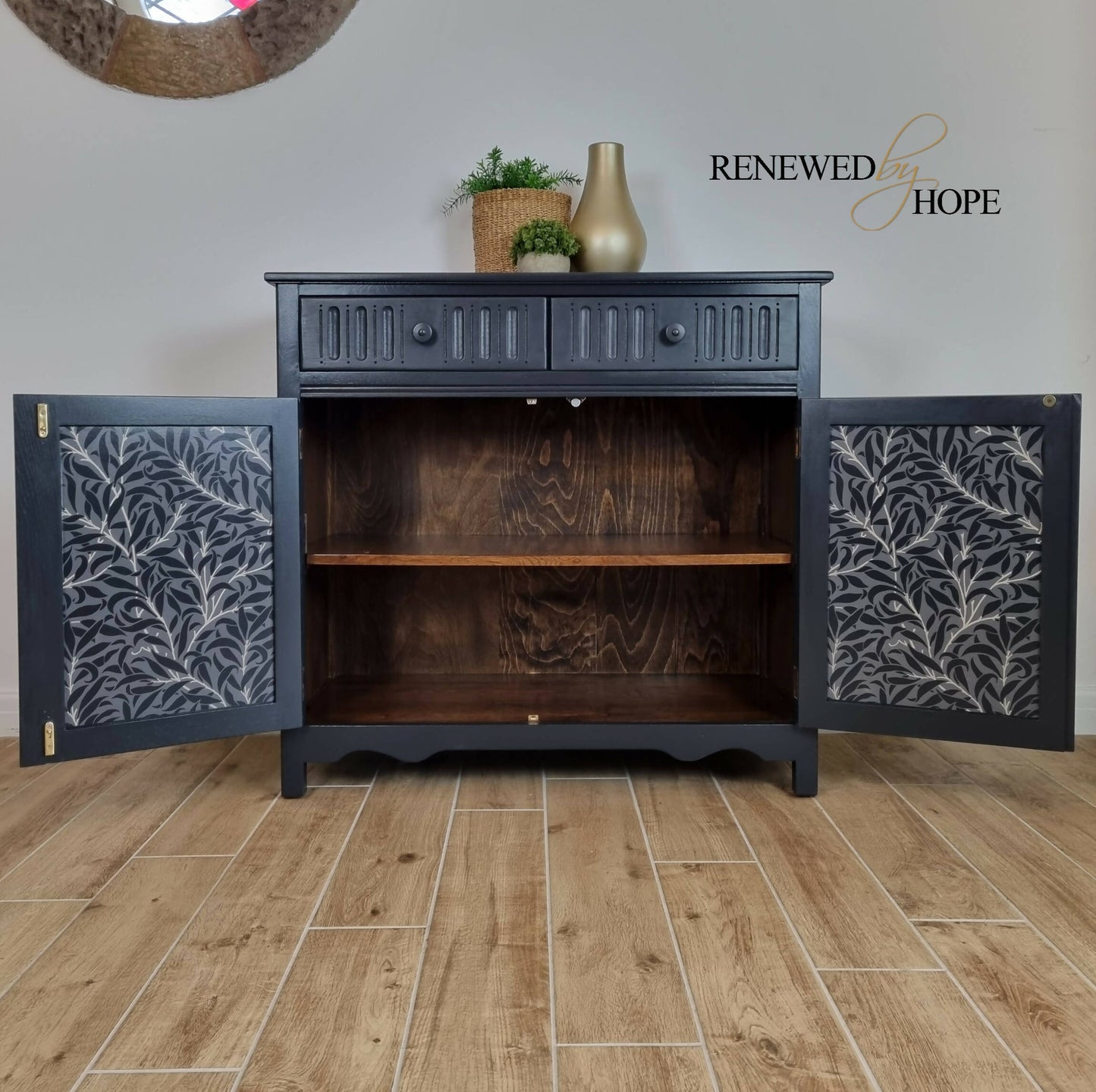 MADE TO ORDER - Oak Sideboard, Linenfold Paneling, off Black Sideboard, William Morris Wallpaper, Wallpapered Furniture,