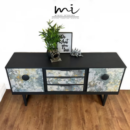 Refurbished mcm sideboard handprinted in dark grey with concrete effect decoupage, drinks cabinet, retro, mid century modern, dresser