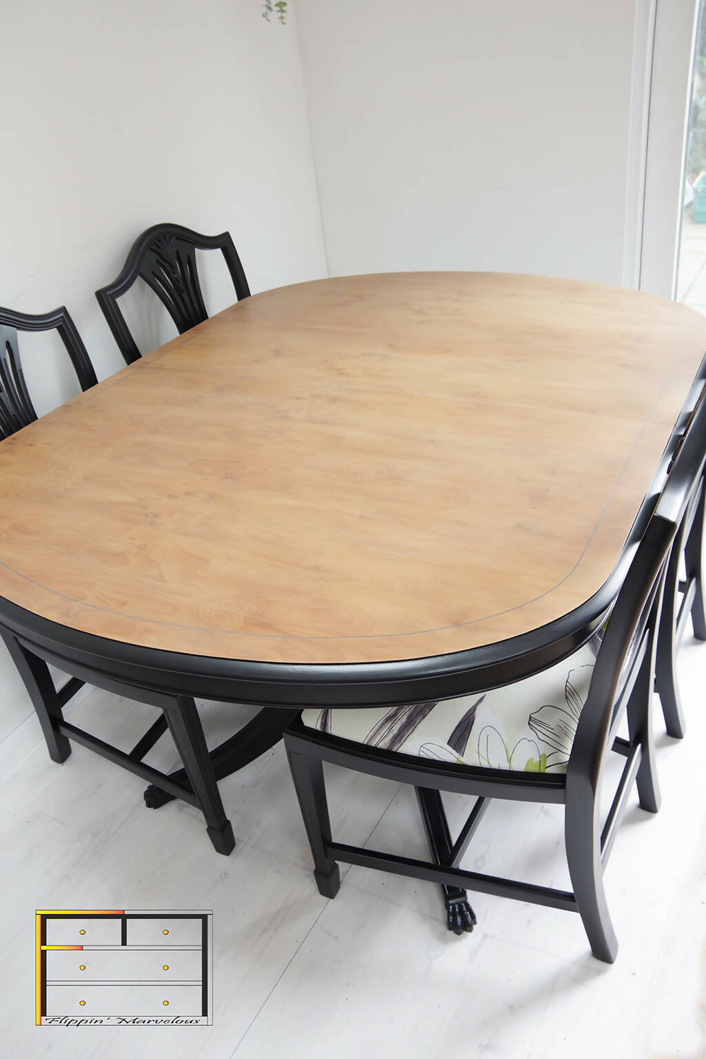 Vintage Bradley Dining Table and 4 Chairs, Black Yew Table and Four Wheatear Style Chairs. Extending Dining Set Bill Beaumont Floral Seats