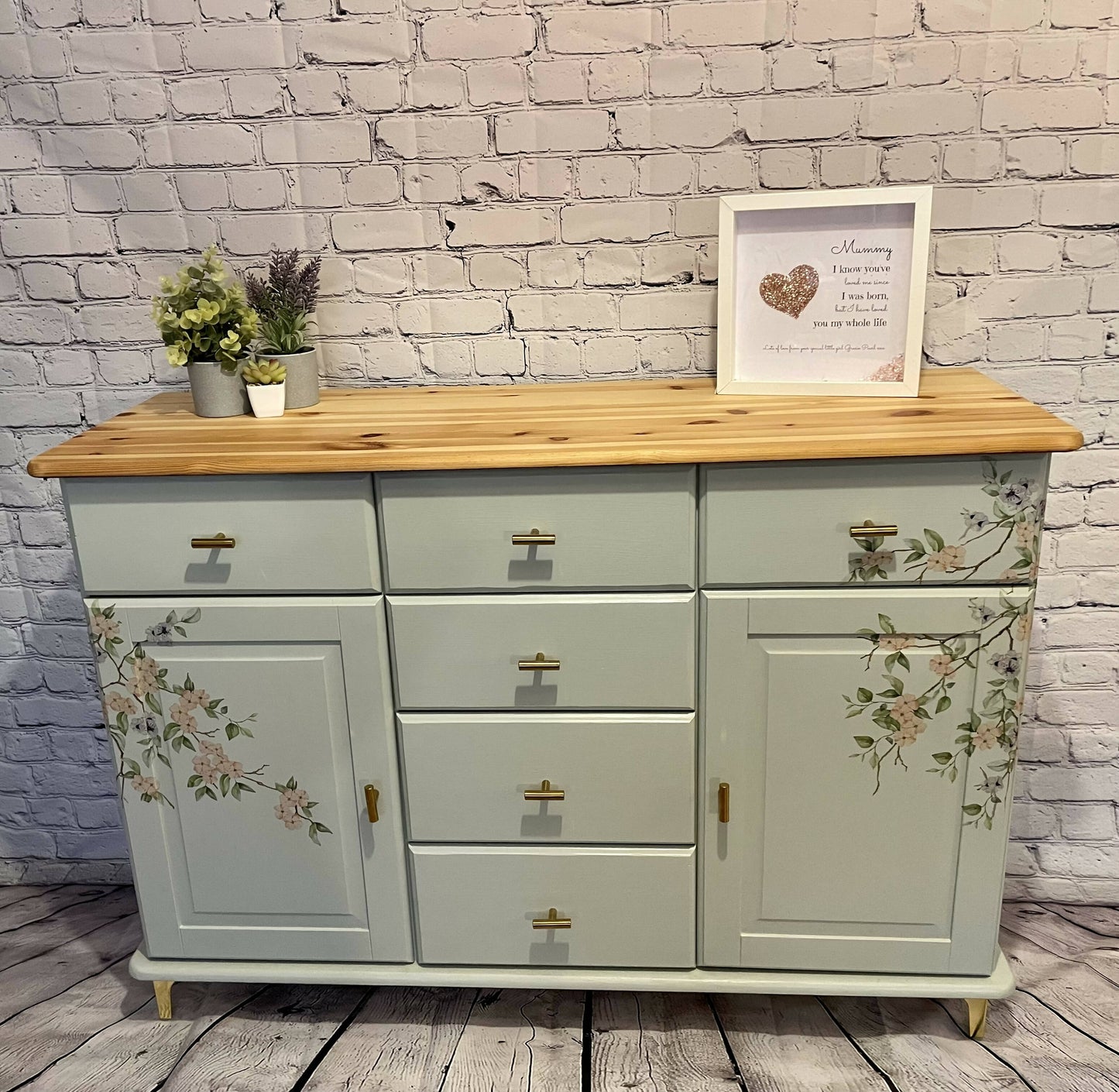 SOLD Hand painted grey/green sideboard with beautiful cherry blossom decoupaged flowers