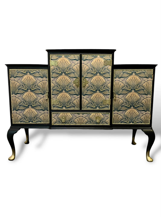 Stunning Rare Design Sideboard & Drinks Cabinet all in one, in Art Deco Designer Velvet, Walnut Woodgrain, Professionally Upcycled