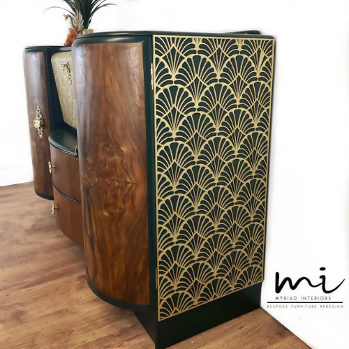 Refurbished Art Deco walnut drinks cabinet, cocktail bar, sideboard, cupboard, dark green, vintage, chest drawers - Commissions available