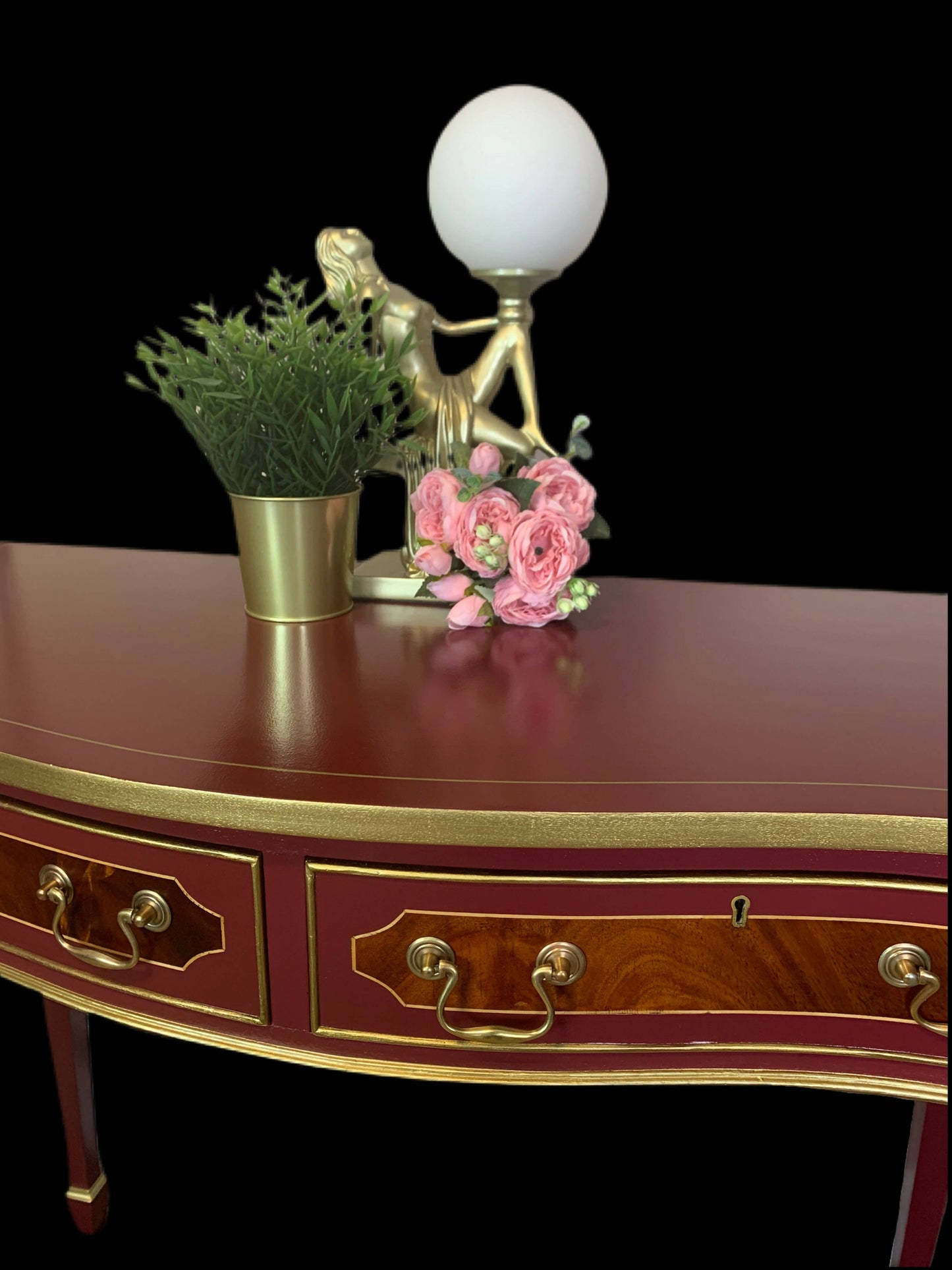 Hand painted Writing desk, Hall table, Console table with 2 curved drawers in Burgundy & Gold colour