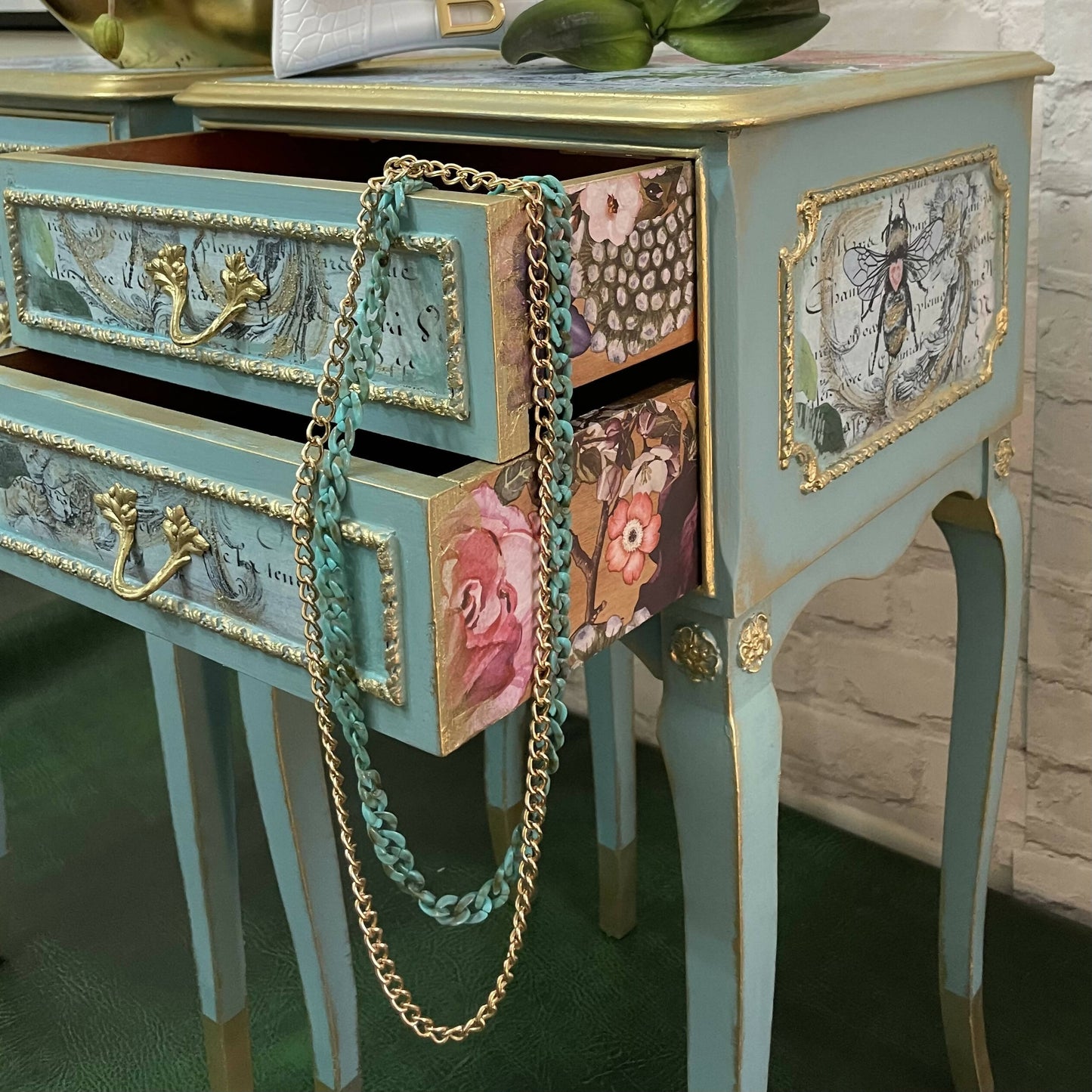 Two Blue French Vintage Tall Bedside Cabinets