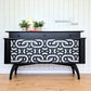 Black Mid Century Modern Beautility Sideboard. Bold geometric design. Upcycled Drinks Cabinet.