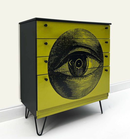 Bespoke Mid-Century Modern Chest of Drawer With Retro Eye Design in Yellow Background. Vintage Painted Chest of Drawer.