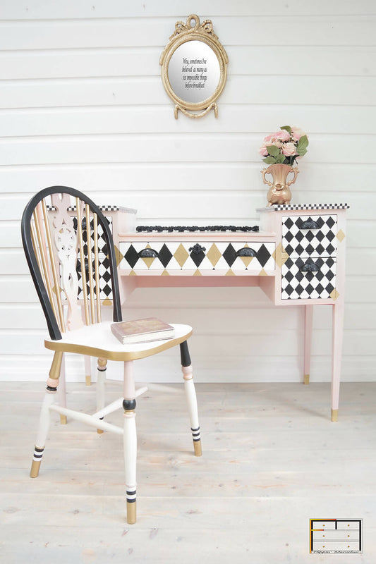 ****** SOLD OUT ****** Whimsical Edwardian Desk & Chair, Black, White, Roses, Diamonds, checks and stripes Alice in Wonderland Dressing Table and Windsor Chair