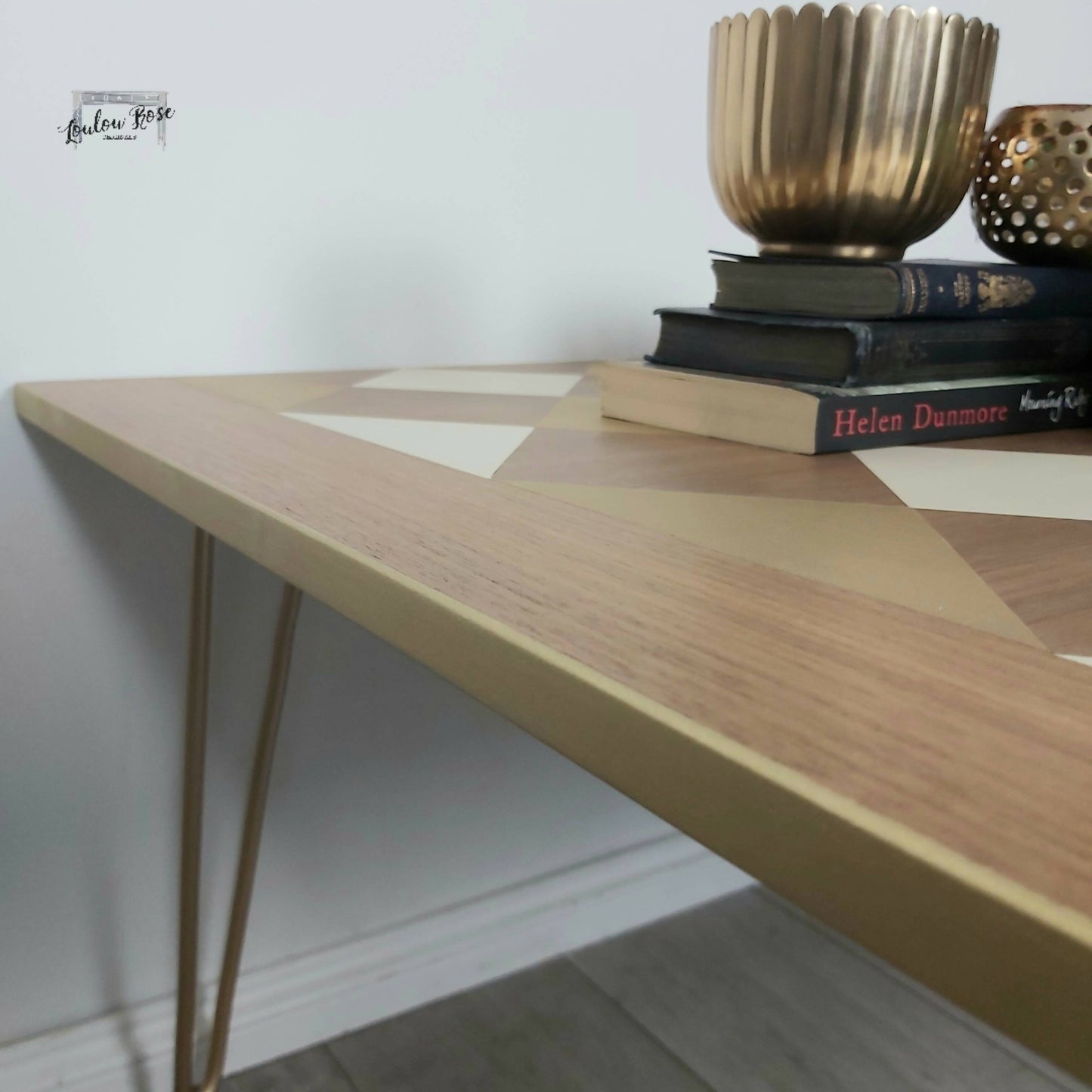 Coffee Table, Side Table in Cream and Gold with Hairpin Legs