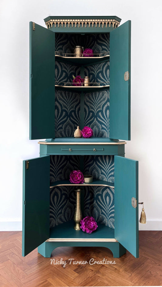 Vintage Corner Drinks Cocktail Cabinet Hand Painted in Dark Green and Gold