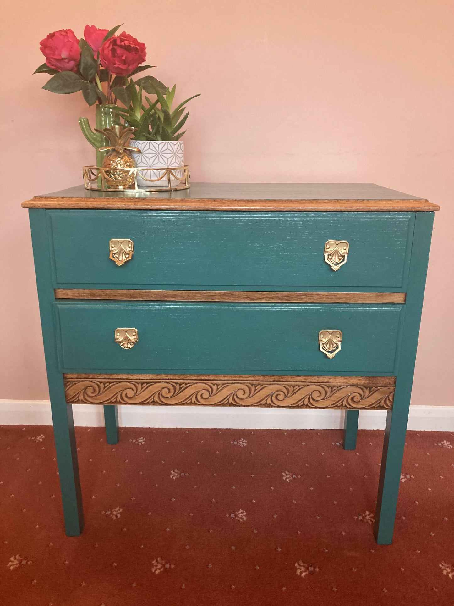 Upcycled vintage chest of drawers in turquoise with Lemur print lining