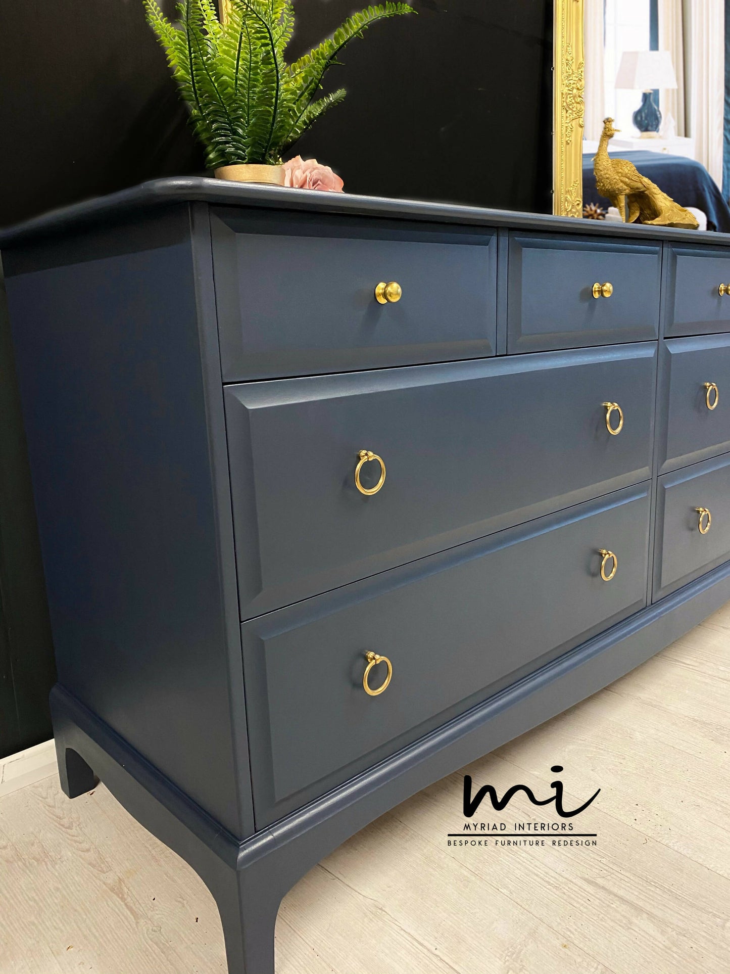 Refurbished vintage Stag Minstrel captains chest, mid century chest of drawers, navy blue dresser, extended large drawers, retro, sideboard