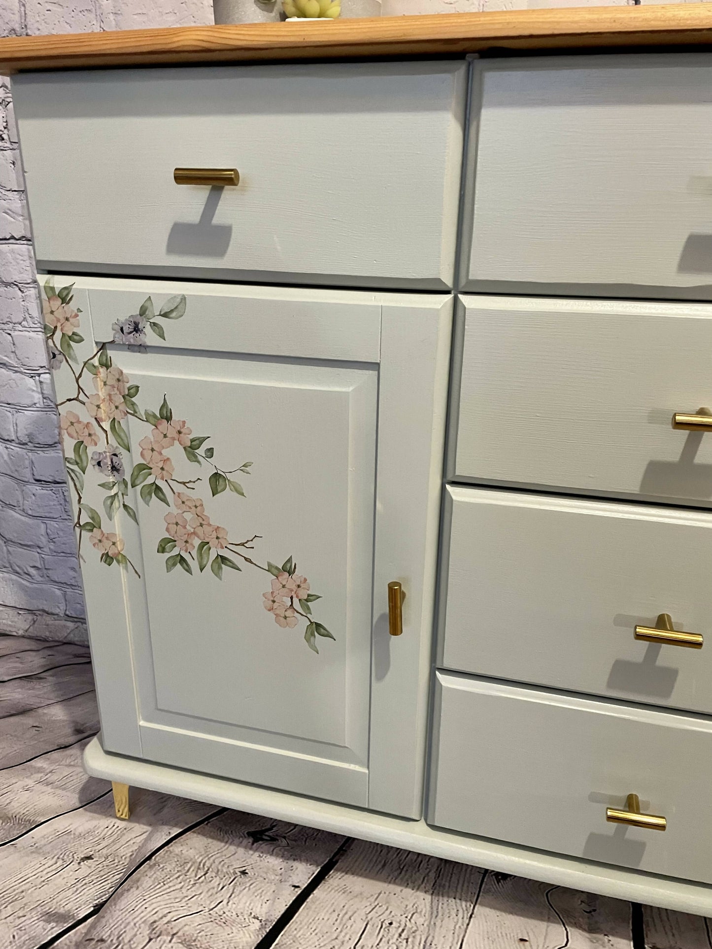 SOLD Hand painted grey/green sideboard with beautiful cherry blossom decoupaged flowers