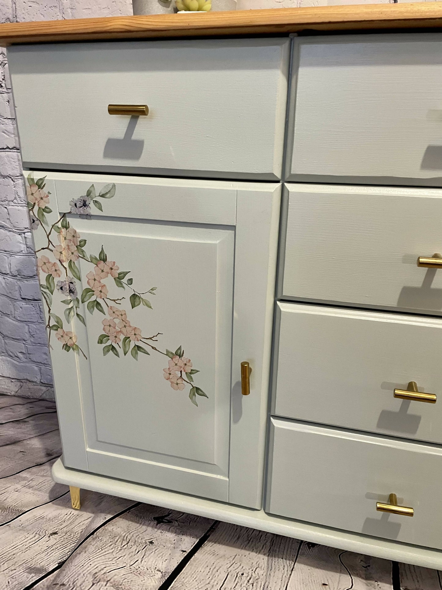 Hand painted chalk grey/green sideboard with beautiful cherry blossom decoupaged flowers