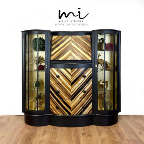 Refurbished vintage cocktail cabinet, black gold chevron, drinks bar, gin, upcycled bureau, sideboard display - commissions available