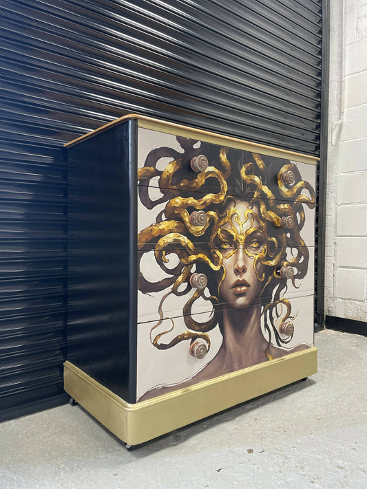 Magnificent Golden Medusa Mid-Century chest of four drawers