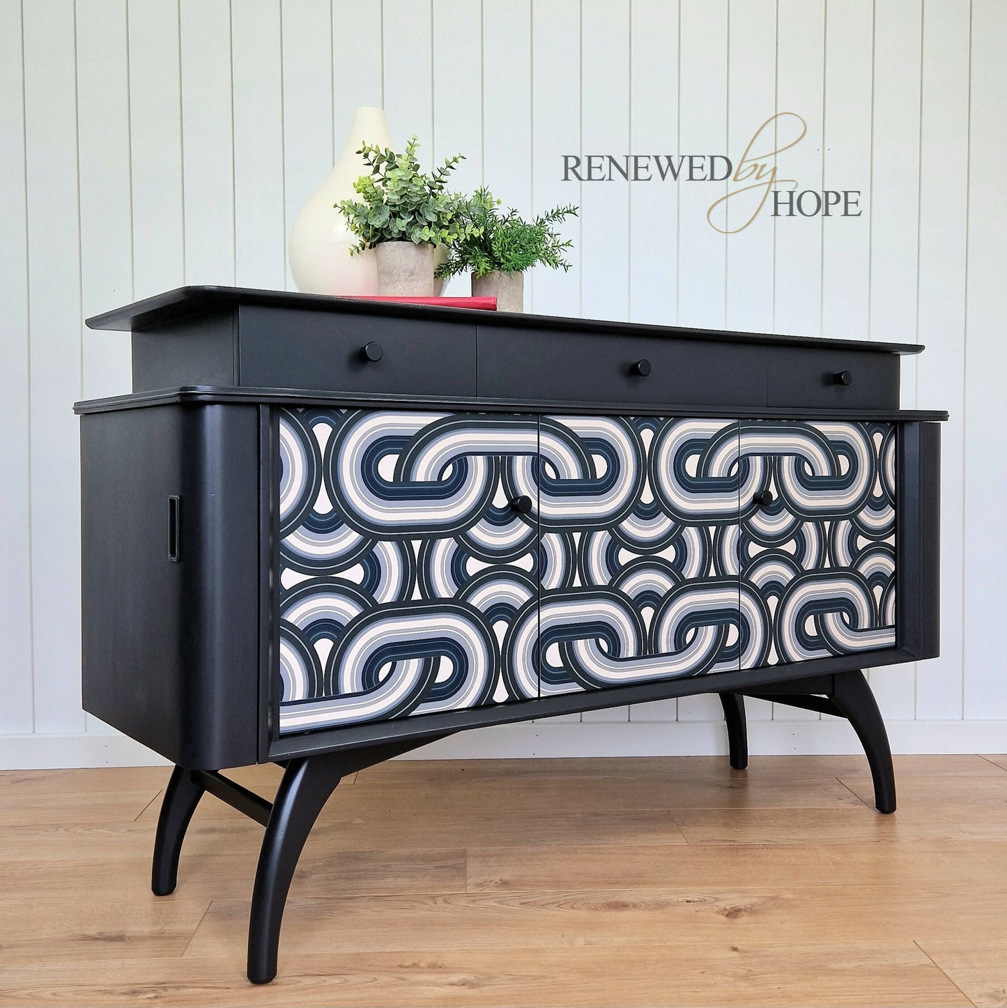 Black Mid Century Modern Beautility Sideboard. Bold geometric design. Upcycled Drinks Cabinet.