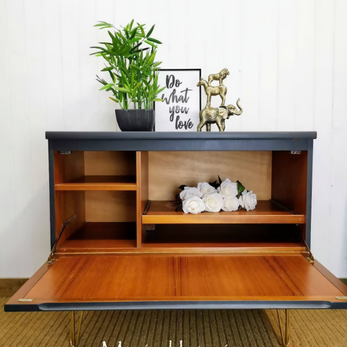 Mid Century Nathan Sideboard, console, cocktail cabinet, storage, cupboard. Dark grey and gold metal leaf, hairpin legs - available to commission