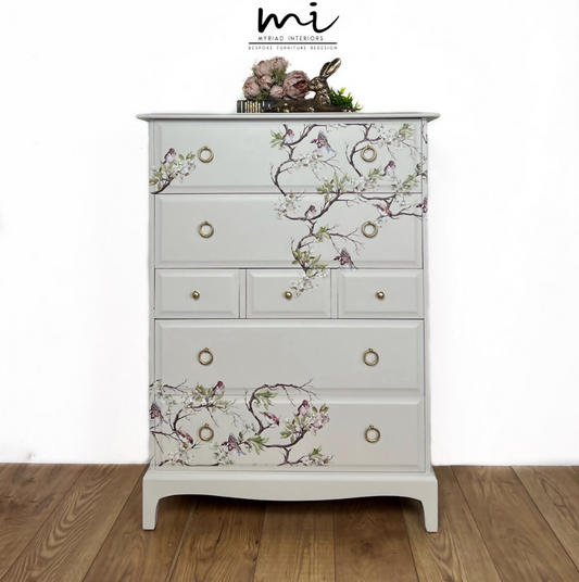 French Vintage Stag Minstrel 7 Drawer Tallboy Chest Of Drawers In a Cream With Blossom Flight, Dresser, Neutral, Beige