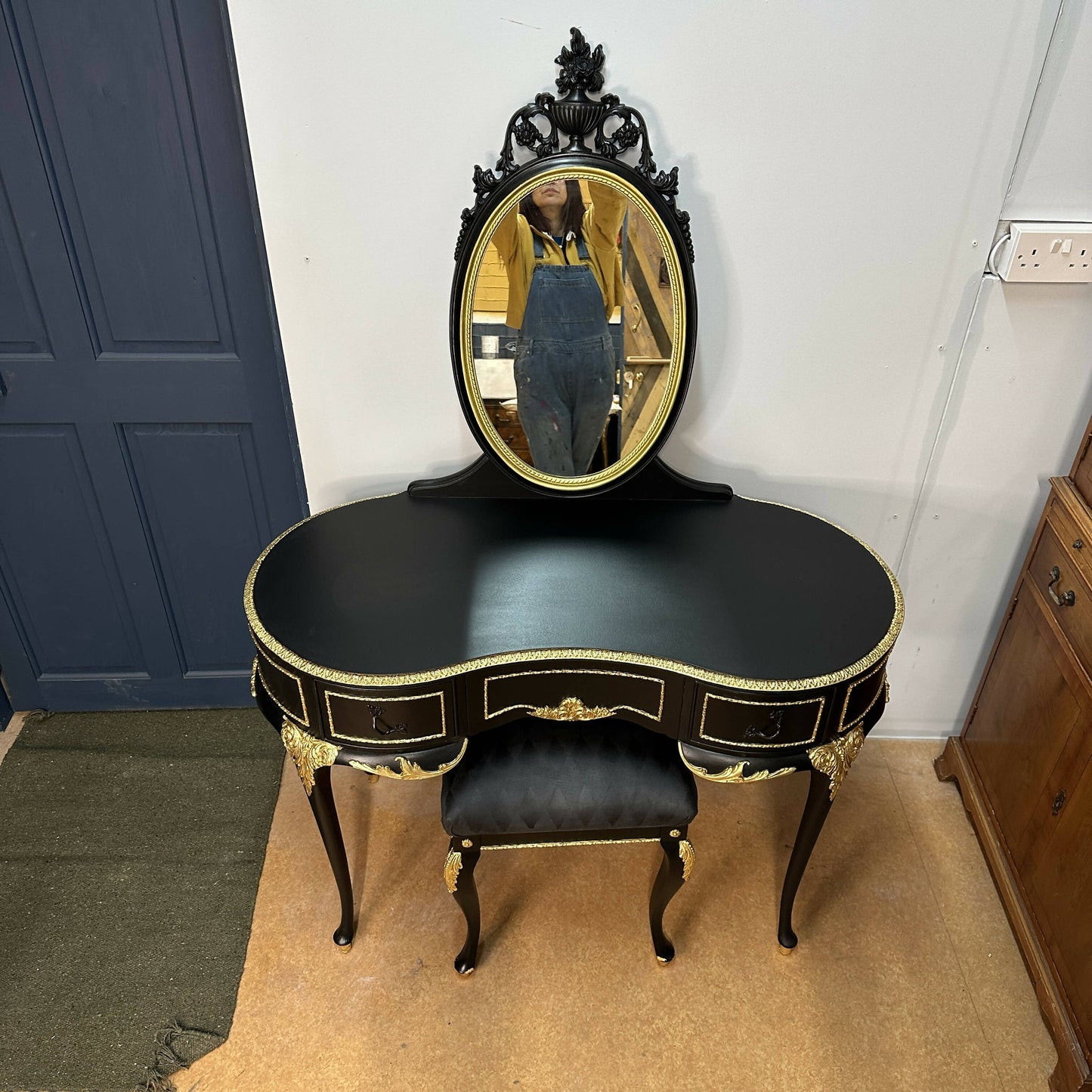 **This Item is Sold** Olympus dressing table and vintage stool. French Louis style in luxurious black with gold leaf and harlequin detail.