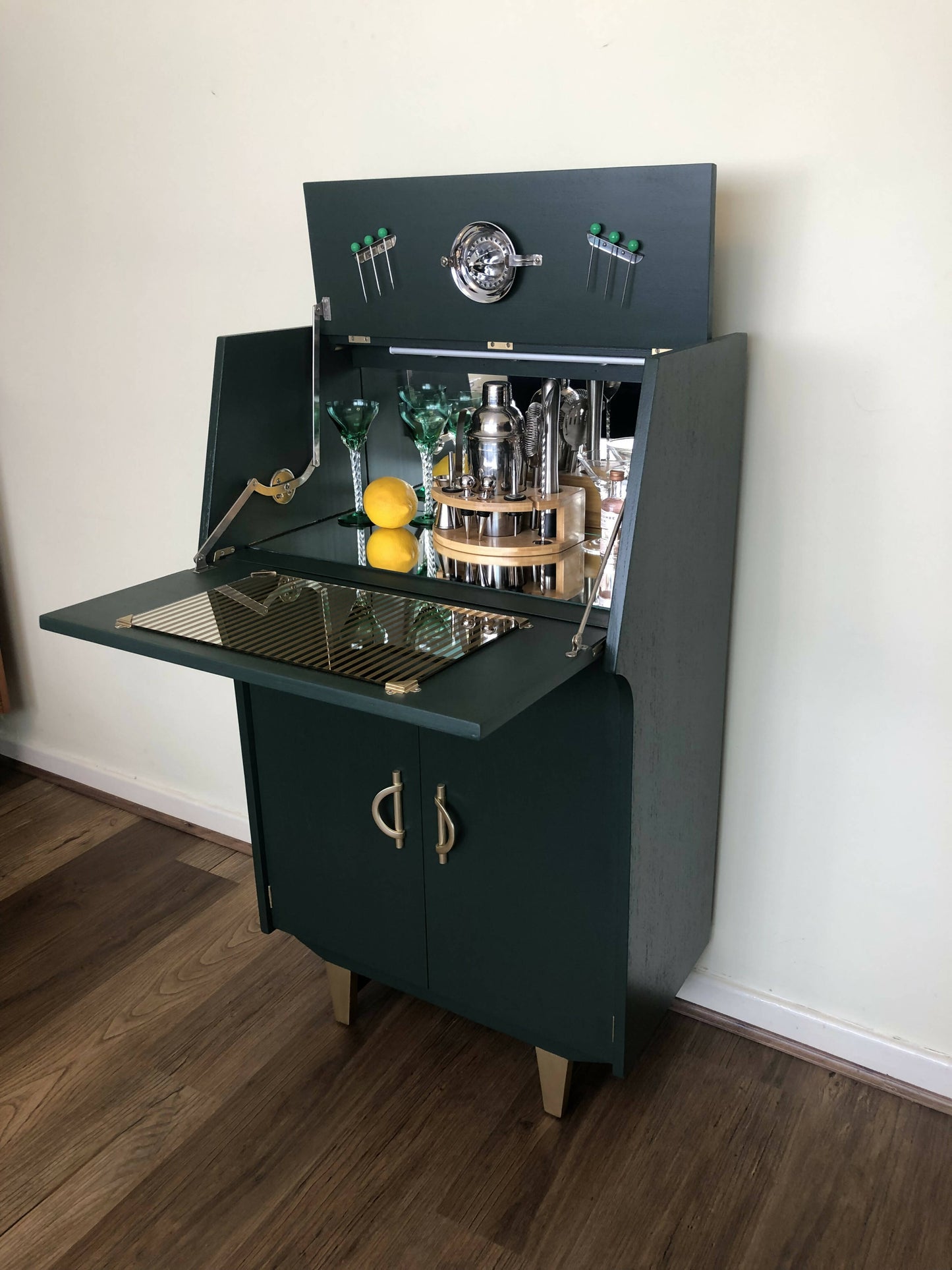 Mid Century Cocktail Cabinet, Drinks Cabinet, Home Bar in British Racing Green and Gold colour