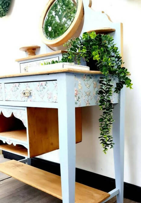 Hand Carved Blue Hall Table With Mirror