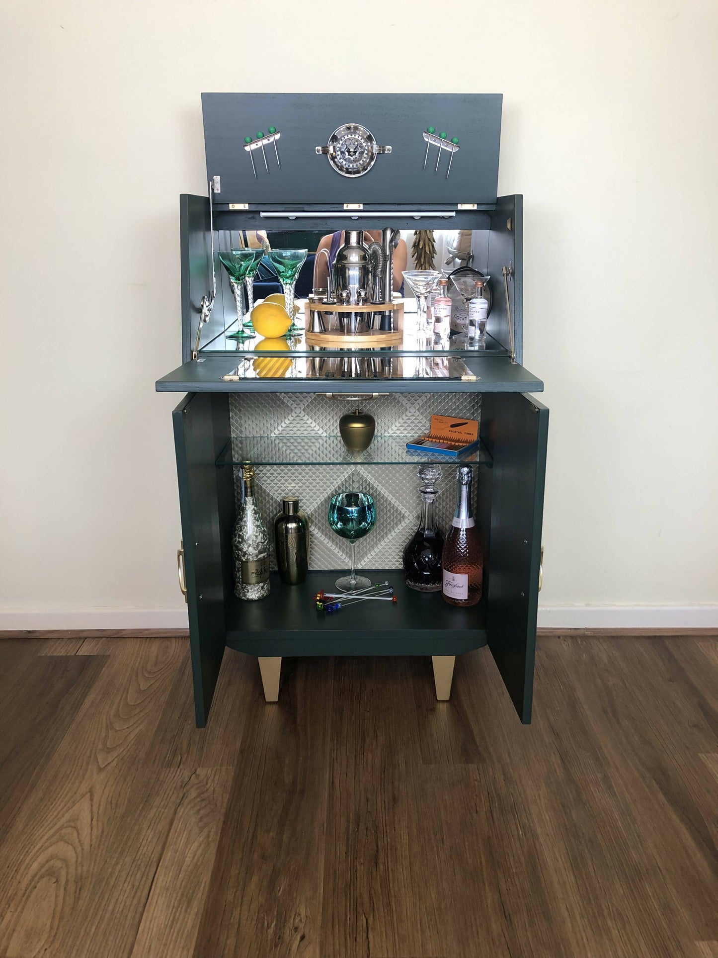 Mid Century Cocktail Cabinet, Drinks Cabinet, Home Bar in British Racing Green and Gold colour