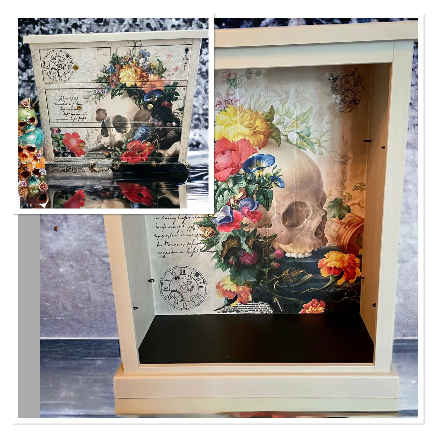 “Sold” Stunning Skull & Flowers Display Shelf, Bookcase
