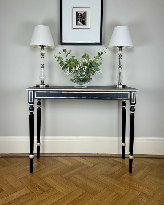 Black slim hallway console, narrow sideboard, occasional side table with glass top