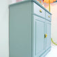 Vintage Pine Retro Sideboard, Teal Kitchen Cupboard Tropical Interior, 1970s Pastel Dopamine Decor Storage Unit, Yellow Cup Handles