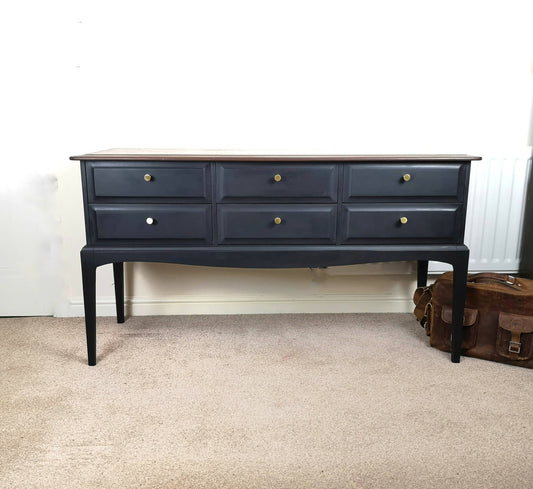 *SOLD* Stag Minstrel 6 drawer console table. Black with stripped & restored top with dark stain.